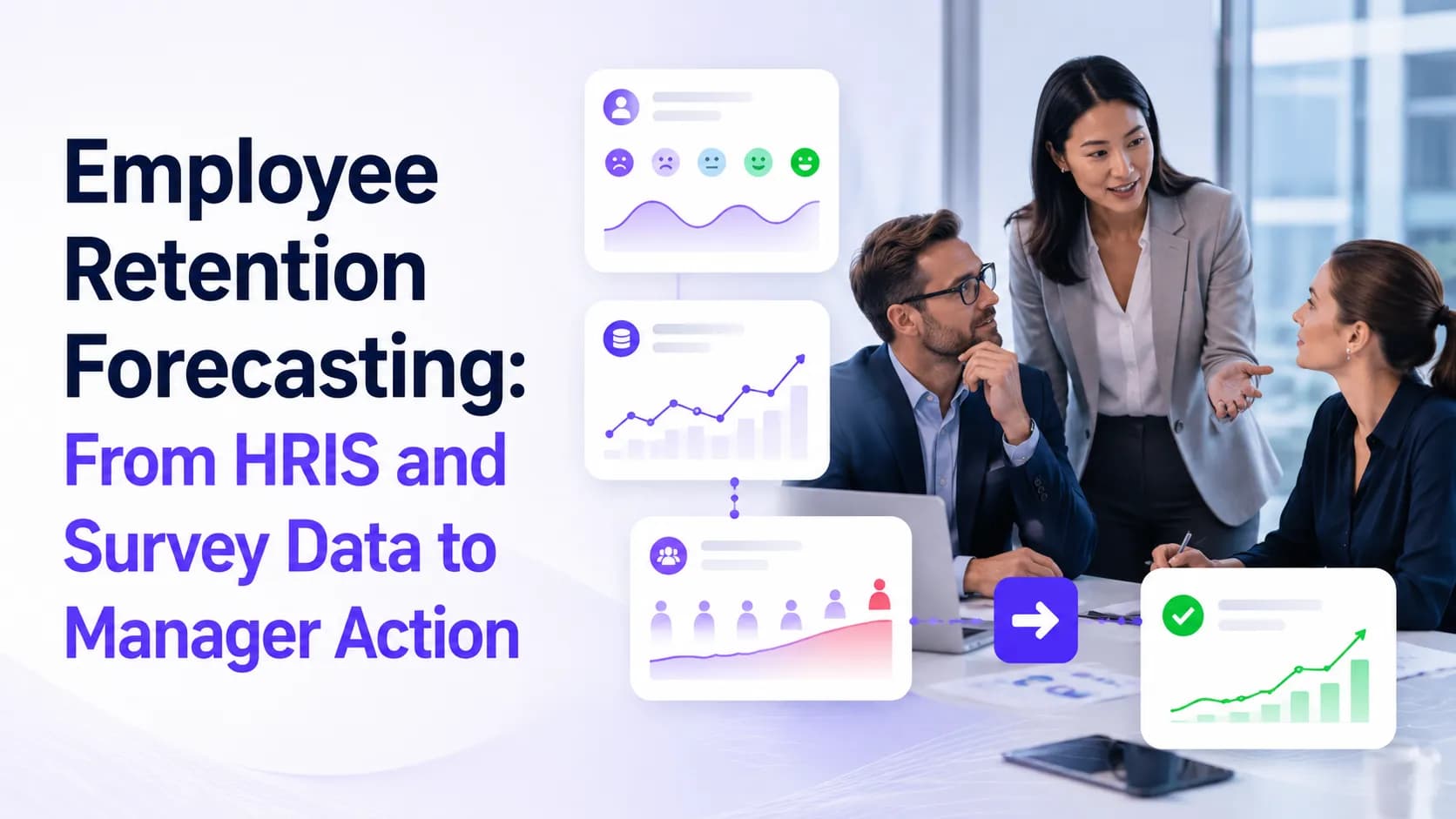 Managers reviewing retention forecasting signals across HRIS, survey, workplace context, and follow-up actions